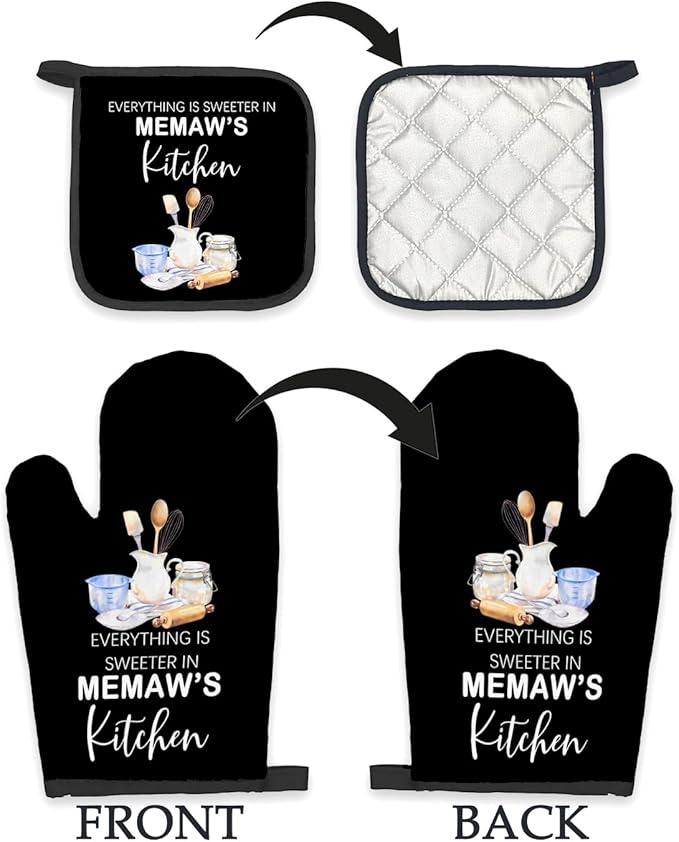 Memaw Gifts Oven Mitts and Pot Holders Sets, Gifts for Grandma from Grandkids, Sweeter in Memaw's Kitchen Heat Resistant Oven Glove Potholders for Baking