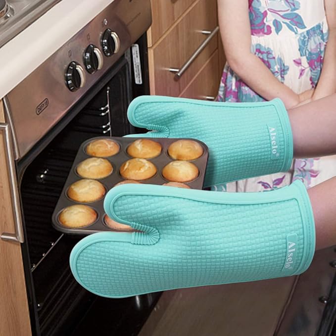 Oven Mitts Heat Resistant Silicone Kitchen Gloves for 550 Degrees with Waterproof and Non-Silp, Set of 2 Oven Gloves for Baking Cooking Barbecue Microwave Machine Washable (Blue, 2)