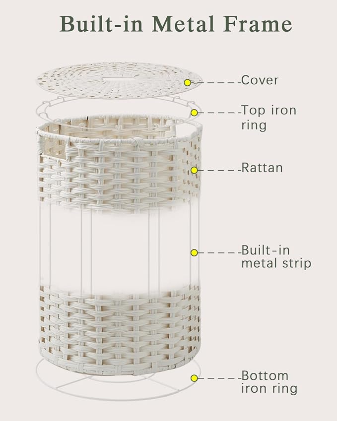 SETVSON Laundry Hamper with Lid Laundry Basket with Lid 19.0 Gal (72 L) Round Wicker Laundry Basket Handwoven Rattan Basket with Lid Removable Bag 2 Mesh Bags Handles for Living Room Bathroom White
