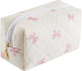 Gleyemor Small Quilted Makeup Bag for Women, Cute Floral Bow Cosmetic Bag, Emergency Bag Travel Toiletry Cotton Pouch Gifts for Girls Her Mom Friend Sister Bridesmaid (Small Pink Bowknot)