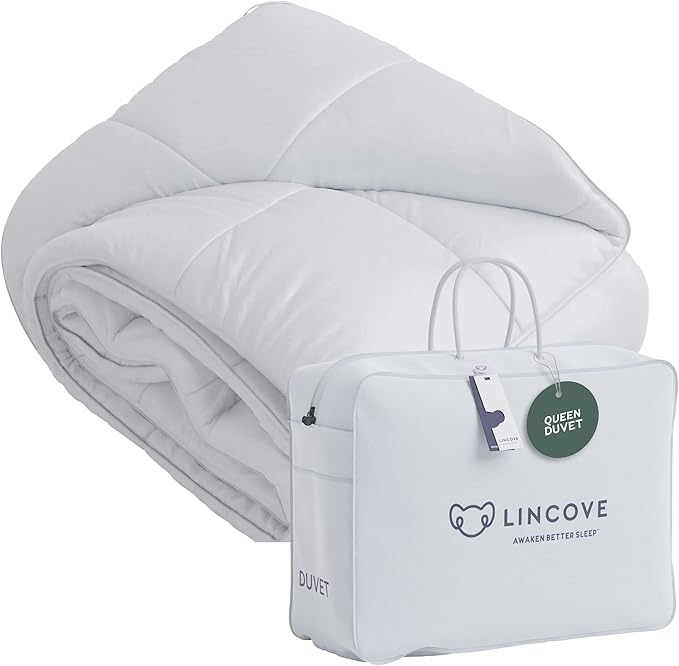Lincove Canadian Down Comforter – All-Season Warmth Duvet Insert – Corner Loops in Each Corner, 600 Thread Count - 100% Cotton Sateen Shell, Queen