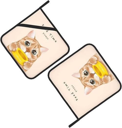 2PCS Cute Cat Pot Holders Set for Kitchen, “Feed Time Please” Animal Printed Potholders with Great Heat Resistance, Hot Pads, Trivets for Cooking and Baking 8x8