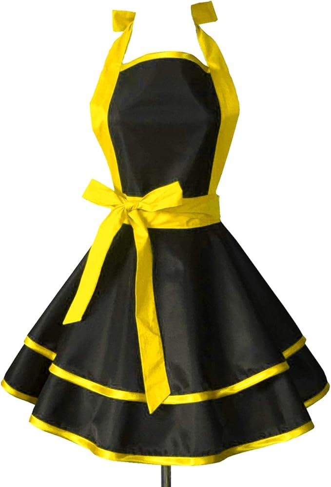 Hyzrz Lovely Handmade Cotton Retro Black Aprons for Women Girls Cake Kitchen Cook Apron for Mother's Gift (Yellow)