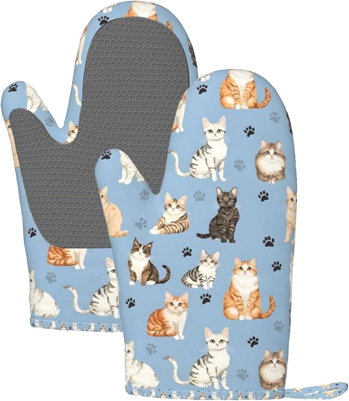 Oven Mitts 2 Pack, Silicone Kitchen Gloves, Heat Resistant with Non-Slip Grip and Soft Quilted Cotton Lining for Cooking Barbecue Backing (Cat)