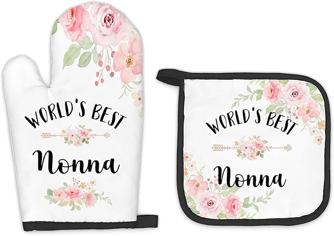 Nonna Gifts Oven Mitts and Pot Holders Sets, Nonna Gifts from Grandkids Kitchen Decor Accessories Sets, World’s Best Nonna Heat Resistant Oven Glove Potholders for Kitchen Cooking Baking