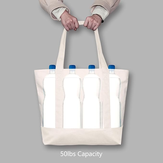 TOPDesign 30-Pack Canvas Tote Bags with an External Pocket, Reusable Grocery Shopping Bags, Top Zipper Closure, Daily Essentials (Natural)