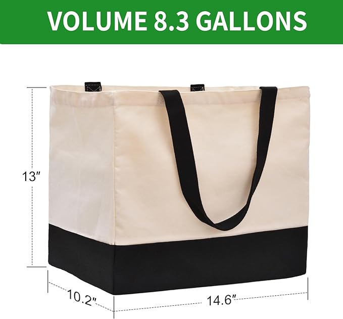 CNaiyunpin Heavy Duty Canvas Reusable Grocery Bags - 8.3 Gal Foldable Large Tote with Handles, Holds 60 lbs & Washable Eco-friendly Bags with 5 Pockets, Off White Black