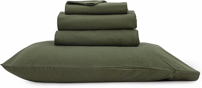 BESTOUCH Sheet Set 100% Washed Cotton Linen Feel Super Soft Comfortable Chic Lightweight 3 Pcs Home Bedding Set Solid Olive Green Twin