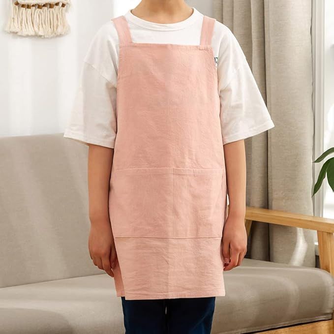 Kids Cotton Cross Back Aprons Children Chef Pure Child Apron with 2 Pockets for Baking Painting Cooking