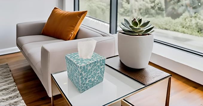 PEMAR Handcrafted Wooden Tissue Box Cover for Small Cube Tissue Boxes Only (Max Inner Size 4.7”) – Capiz Shell Inlay Decorative Tissue Holder for Bathroom, Living Room & Office (Teal Vines)