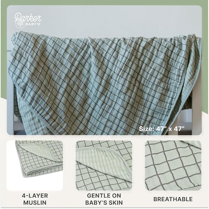 Parker Baby Muslin Blanket | 100% Soft Cotton Toddler Quilt & Baby Muslin Swaddle | Gender Neutral Design 47" x 47" Blanket