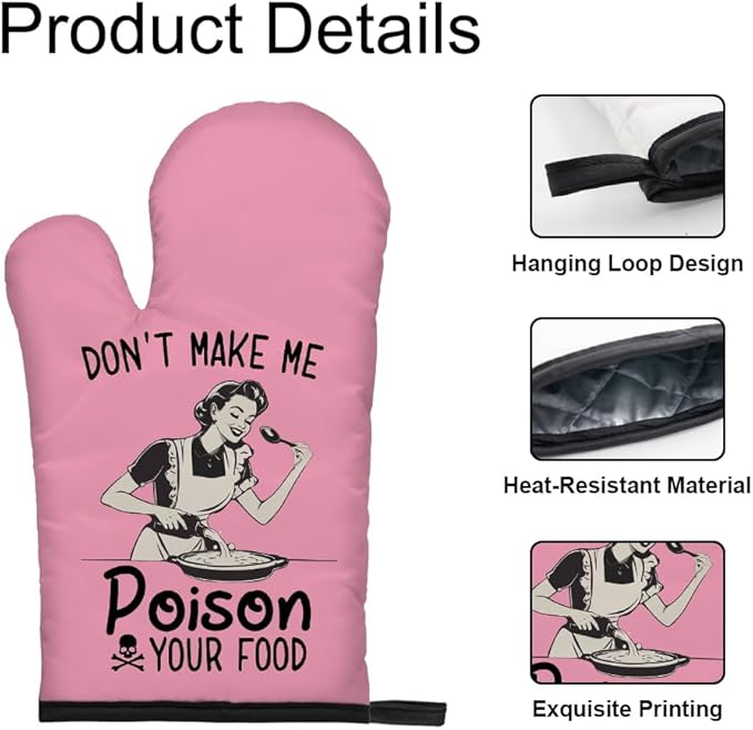 DYJYBMY Don't Make Me Poison Your Food Funny Oven Mitts and Pot Holder Set, Humor Housewarming Gifts for Friend Chef, Hostess Gifts for Mom Sister BFF, Sarcastic Vintage Lady Oven Mitts for Women