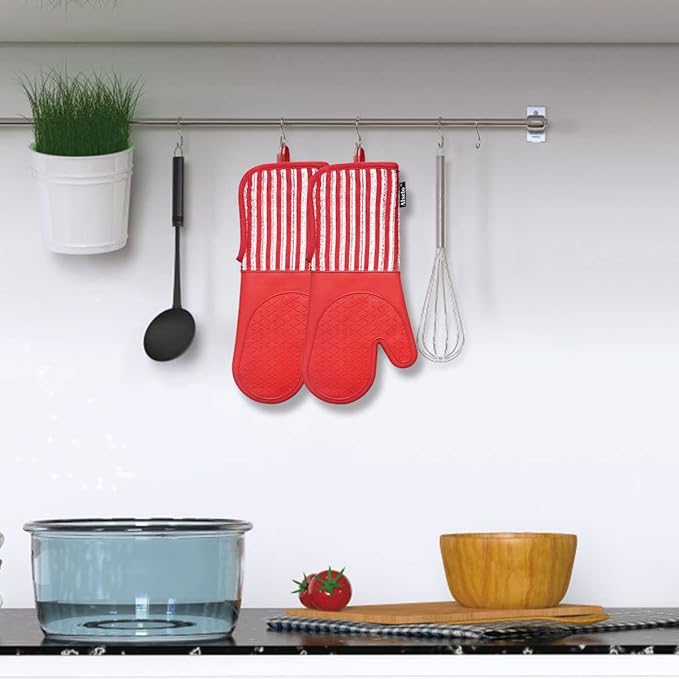 Silicone Oven Mitts Heat Resistant 932℉ with Waterproof & Non-Slip Kitchen Mittens, Set of 2 Extra Long Oven Gloves with Soft Cotton Terry Lining for Baking Cooking Barbecue (2, Red Mitts)