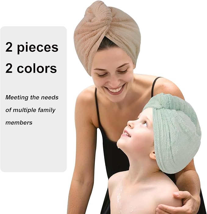 AGKXHDEC 2 Packs Single Layer Microfiber Hair Turbans - Drying Wrap for Women (Brown,Light Green)
