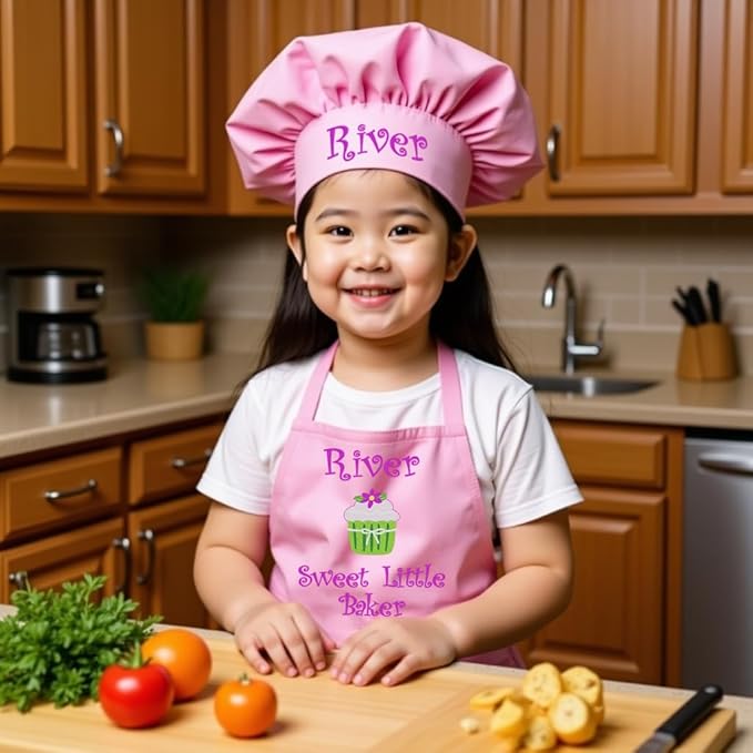 Made in the USA Personalized Embroidered Premium Child Apron and Chef Hat for Kids Girls Boys Fun in the Kitchen Gift