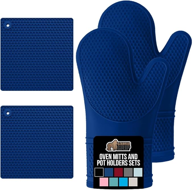 GORILLA GRIP BPA-Free Soft Silicone Oven Mitts and Pot Holders Sets of 4, Heat Resistant Waterproof Cooking Gloves, Thick Cotton Lining, Flexible Gripping for Baking Grilling, Kitchen Trivets, Blue