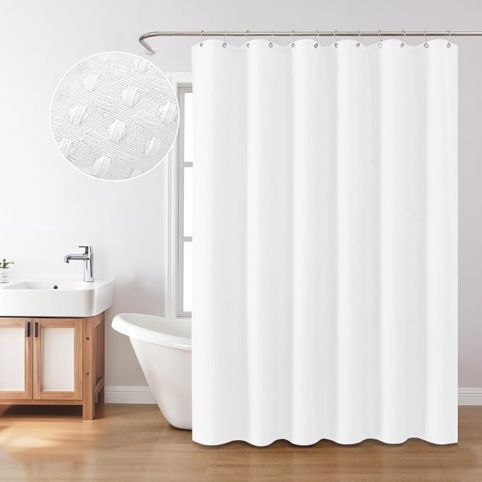 Inhousolu Fabric Shower Curtain Waffle Weave, 230 GSM Heavy Duty, Weighted Hem, 14 Metal Hooks, Water Repellent, Machine Washable, Hotel Spa Luxury Bath Curtain Set, 72 x 72 Inch, White