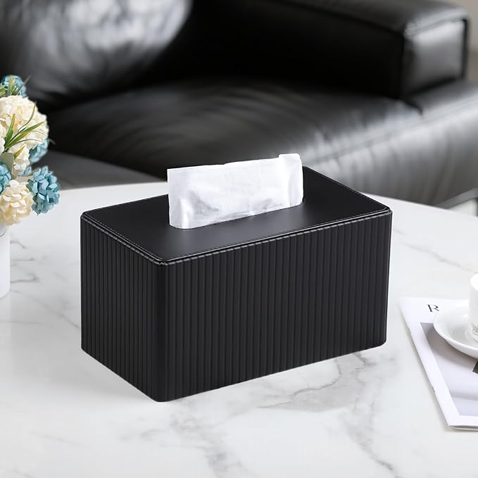 MEIBOOCH Extra Large Tissue Box Cover for Standard Size 180 to 230 Count Box of Tissues, PU Leather Rectangle Tissue Holder with Magnetic Closure (Black)