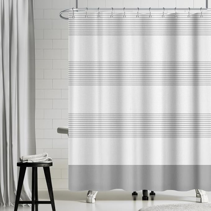 ggaimwf 47x71 Inch Striped White Grey Waffle Shower Curtain Plaid Texture Nautical Stall Bath Curtain Rustic Farmhouse Boho Neutral Bathtub Curtain for Kids Bathroom Decor Waterproof with Hooks