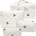 Cozomga Quilted Makeup Bag, Large Capacity Travel Cosmetic Bag for Women and Girls, Aesthetic Storage for Daily and Travel Use (4pcs-embroidered Bow)