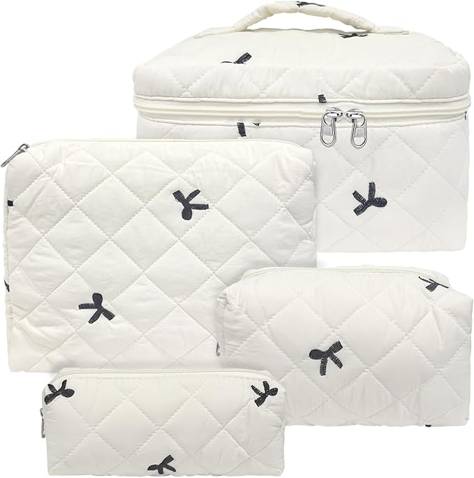 Cozomga Quilted Makeup Bag, Large Capacity Travel Cosmetic Bag for Women and Girls, Aesthetic Storage for Daily and Travel Use (4pcs-embroidered Bow)