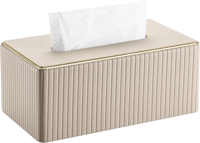 KINGFOM Rectangular Tissue Box Cover, PU Leather Tissue Box Holder with Magnetic Bottom, Napkin & Facial Tissue Holder Dispenser Decorative Box Cover for 120-count (3-Ply) 160-count (2-Ply) Beige