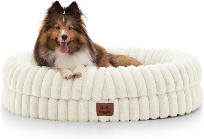 ChiXnuggle Dog Bed Medium Sized Dog - Luxury Striped Faux Fur Waterproof Pet Couch with Removable Washable Cover, Orthopedic Pet Bed with Bolster Sides for Sleeping, Cream