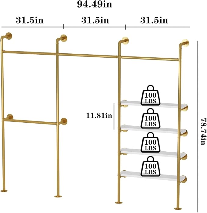 KAILNKISS Industrial Pipe Clothes Rack, Gold Clothing Rack with Shelves, Wall Mounted Clothes Rack Heavy Duty Closet Organizers Wardrobe Multi-Purpose Storage Clothes Hanging Shelf - 94.5''L Gold