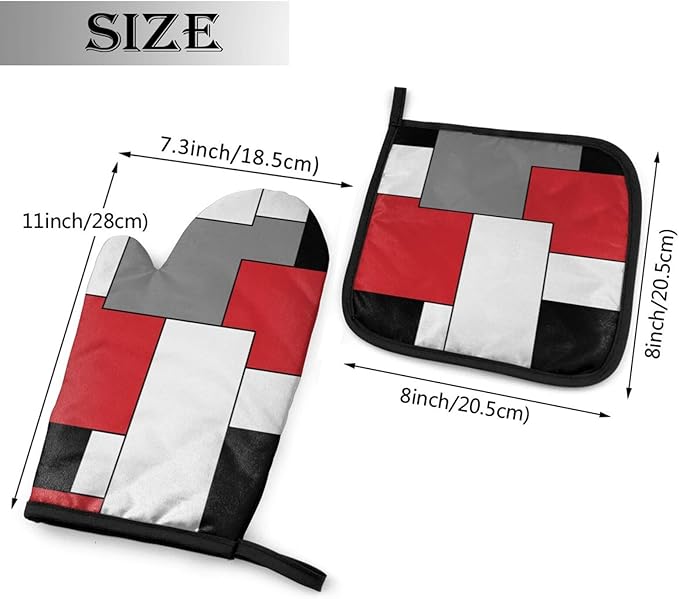 Red White Black Grey Geometric Oven Mitts and Pot Holders Insulated Gloves & Kitchen Counter Safe Mats for Cooking BBQ Baking Grilling (2-Piece Set)