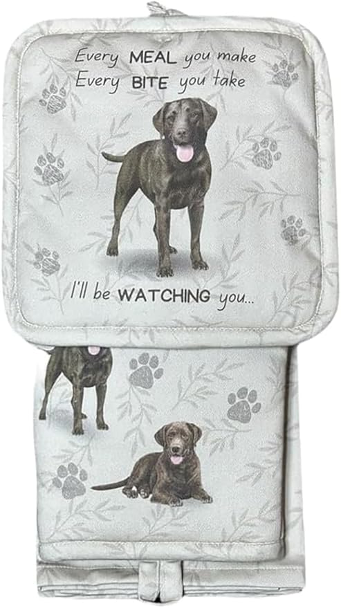 Chocolate Labrador 3-Piece Kitchen Set - Oven Mitt, Pot Holder & Kitchen Towel Set, Heat Resistant up to 420 F, Soft Quilted Cotton for Cooking, Baking, BBQ, Pet Lover Gifts (Labrador Chocolate)