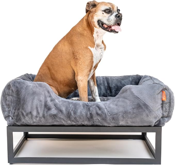 FUZI Elevated Dog Bed Medium, Luxury Raised Dog Beds, Removable and Machine Washable Bed Cover, Indoor/Outdoor Orthopedic Pet Bed, Medium 31.75x23.6x18 Dark Grey & Black Base