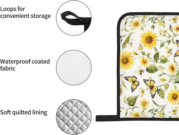 Oven Mitts and Pot Holders Sets of 4 Watercolor Sunflower Butterfly Kitchen Potholder Gloves Heat Resistant Non-Slip for Chef Baking Cooking Grilling BBQ Mittens