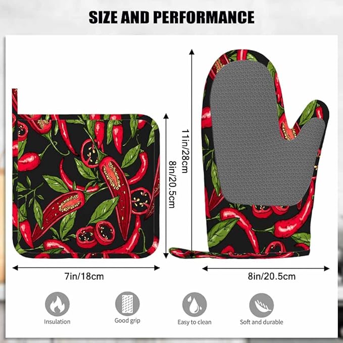 Mxocom Mexican Hot Pepper Chili Oven Mitts and Pot Holders Sets Slices Halves Crushed Pieces and Branch Organic Healthy Red Silicone Heat Resistant Kitchen Oven Gloves Pot Holder for Cooking