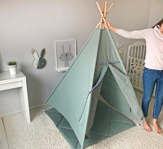 RONGFA Kids Teepee Tent with White Pom Pom - Indoor Play Teepee for Children Boys Portable Play House (Green)
