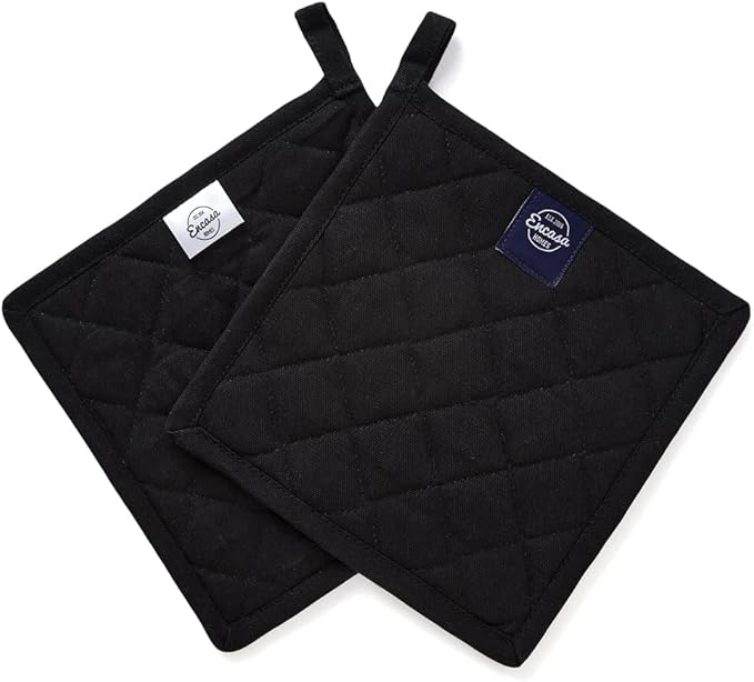 Encasa XO Heat Resistant Cotton Pot Holders with Hanging Loop - Set of 2 - Full Black - Multipurpose Quilted Everyday Hot Pad for Kitchen, Camping, BBQ & Microwave - 8x8 in