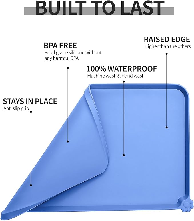 Reopet Waterproof Pet Feeding Mat with High Raised Edges, Heavier and Thicker Placemats for Cat Dog Water Bowl with BPA Free, Dogs Cats Food Mats for Messy Drinkers to Prevent Spill and Protect Floors