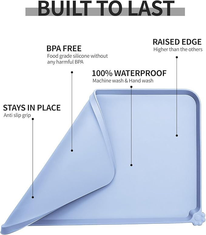 Reopet Waterproof Pet Feeding Mat with High Raised Edges, Heavier and Thicker Placemats for Cat Dog Water Bowl with BPA Free, Dogs Cats Food Mats for Messy Drinkers to Prevent Spill and Protect Floors