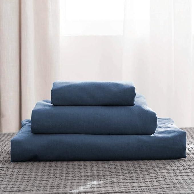 Simple&Opulence Belgian Linen Sheet Set Solid Color - 4 Pieces (1 Flat Sheet, 1 Fitted Sheet & 2 Pillowcases) Natural Flax Cotton Blend Soft Breathable Farmhouse Bedding - Full Size, Classic Blue