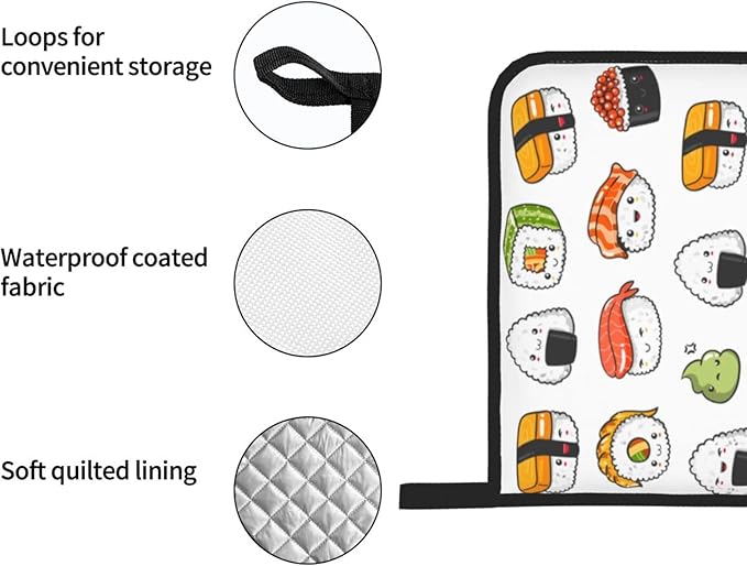 Japanese Kawaii Sushi Oven Mitts and Pot Holders Set of 4, Oven Mittens and Potholders Heat Resistant Gloves for Kitchen Cooking Baking Grilling BBQ