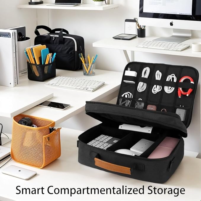 Yzawotk Extra Large Electronics Organizer Travel Case, Cable Organizer Bag with Shoulder Strap, Electronics Accessories Storage Double Layer Bags for Cord, Tablet, Headphone, Charger, Tools, DJ Gifts