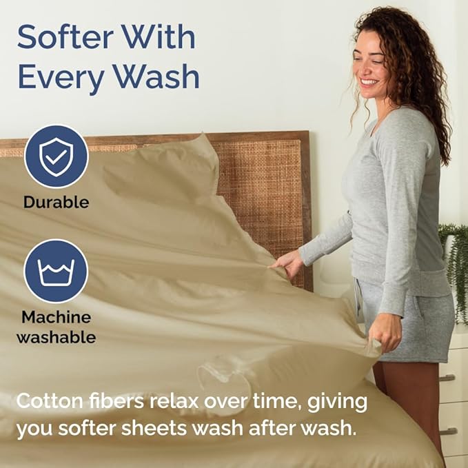 400 Thread Count Cotton Sheet Set - Full Size 100% Cotton Sheets - Easily Fits 8" to 16" Mattress - Silky-Soft, Wrinkle Free, Breathable and Comfy - Deep Pockets & Hotel Quality Bedding Set - Beige