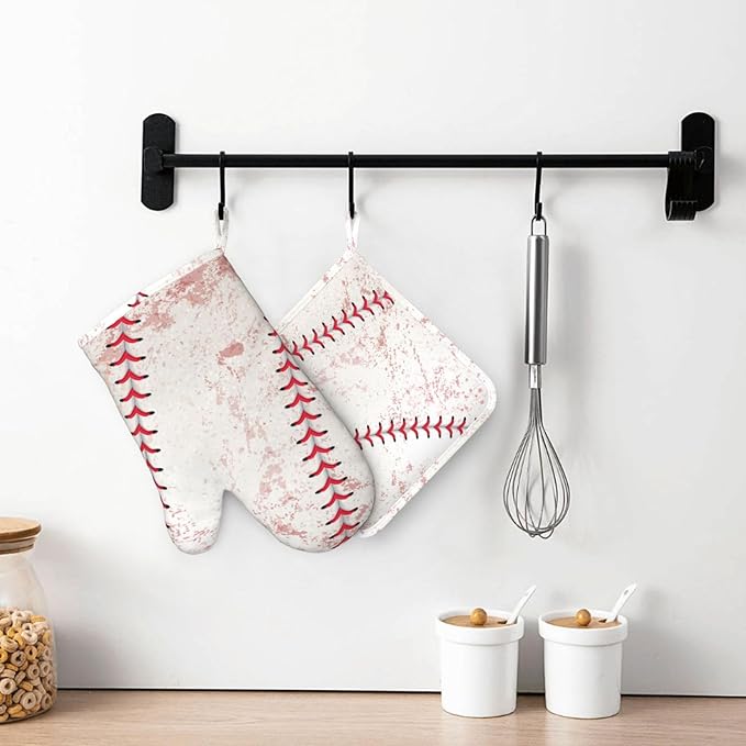 Sport Oven Mitts and Pot Holders Set of 4 Silicone Sports White and Red Baseball Laces Kitchen Mitten Gloves and Non-Slip Potholders Set Heat Resistant Oven Gloves Hot Holders for Kitchen