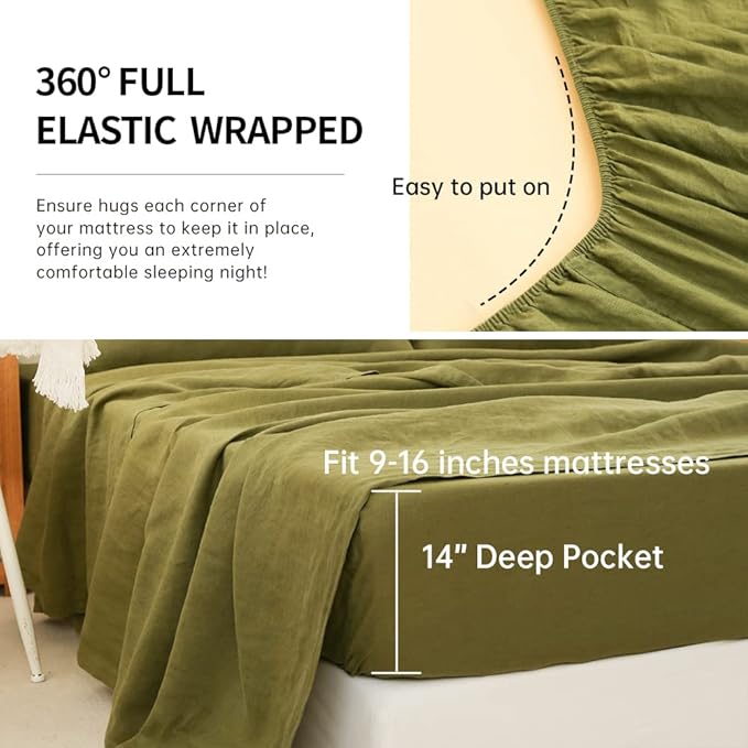 Simple&Opulence Washed Linen Bed Sheet Set Basic Style 4 Pieces (1 Flat Sheet & 1 Fitted Sheet & 2 Pillowcases) 100% Natural French Flax Soft Breathable Farmhouse Bedding (Queen, Olive Green)