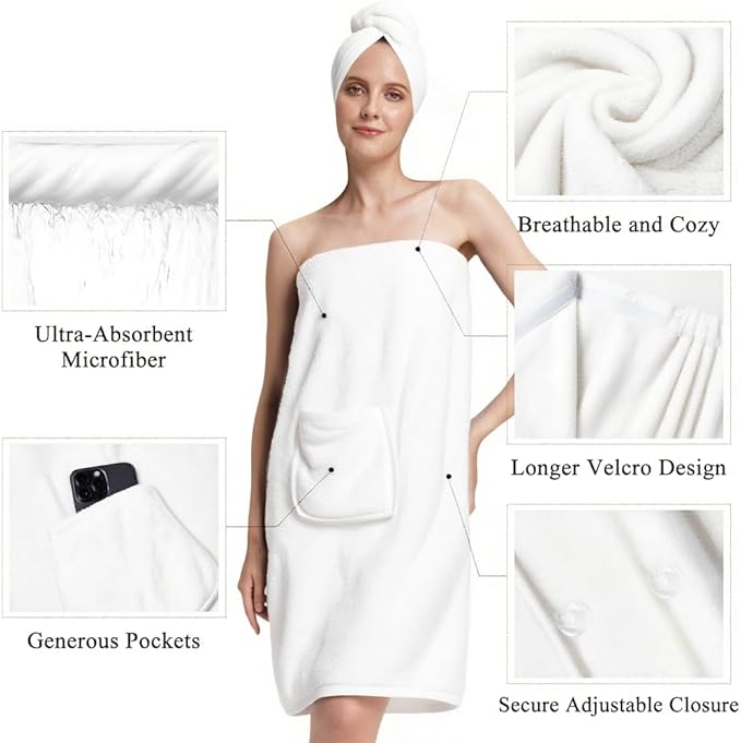 PJGGZ Towel Wrap for Women, Three Adjust Clasps Closure Bath Wraps After Shower Spa Sauna Bathrobe(Available in Plus Size)