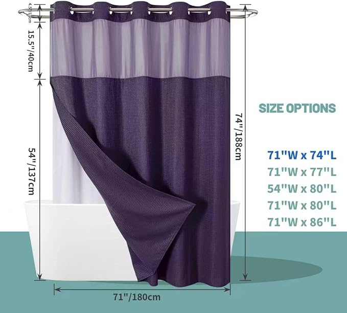 eachope Purple No Hook Waffle Weave Shower Curtain with snap-in Liner Replacement, 230GSM Waterproof Fabric Hotel Shower Curtain Set for Bathroom, Through Mesh Top Window,71Wx74H