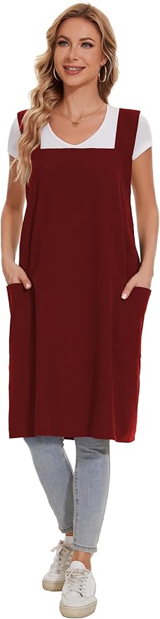 Linen Cotton Aprons for Women Smock Cross-Back Apron with Pockets