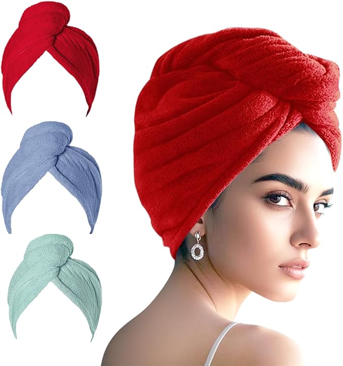 AGKXHDEC 3 Packs Single Layer Microfiber Hair Turbans - Drying Wrap for Women (Light Green,Red,Dark Blue)