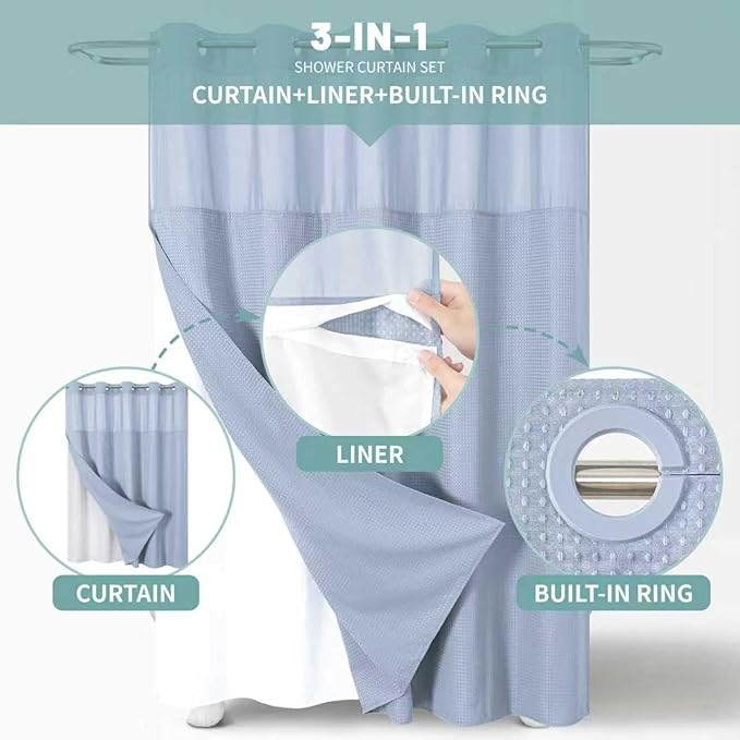eachope Blue No Hook Waffle Weave Shower Curtain with snap-in Liner Replacement, 230GSM Waterproof Fabric Hotel Shower Curtain Set for Bathroom, Through Mesh Top Window,60Wx74H