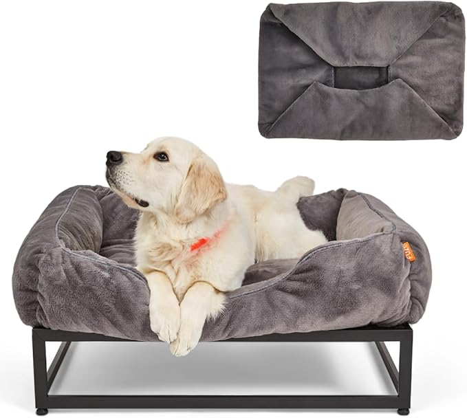 FUZI Elevated Dog Bed Large with Extra Cover, Luxury Raised Dog Beds, Removable and Machine Washable Bed Cover, Indoor/Outdoor Orthopedic Pet Bed, Large 35.6x28.5x18 Dark Grey and Black Base