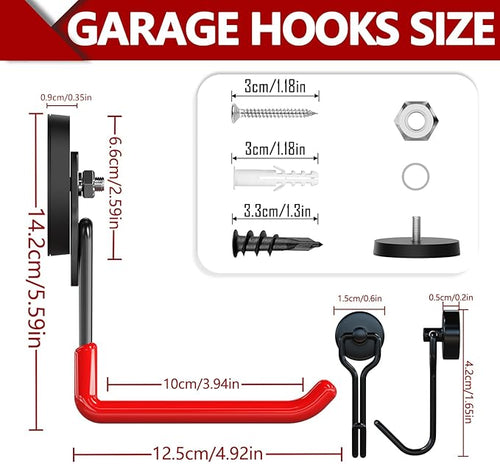 3-H Heavy Duty Magnet Garage Hooks 4 Pack, Extra Large Strong Magnetic Hooks for Hanging Cordless Power Drill, Utility Magnetic Tool Holder for Metal Cabinet, Steel Pegboard, Toolbox, Garage(Red)
